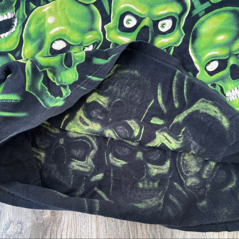 Liquid Blue Authentic Green Skull Print Black T Shirt Large Adult Vintage 2001 - Picture 7 of 16